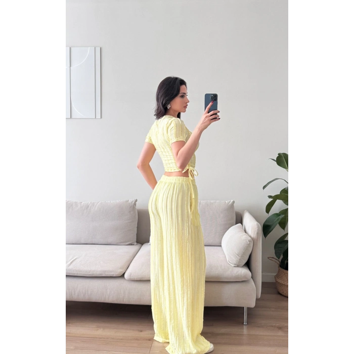 Yan Büzgü Pantolon Takım - SARI