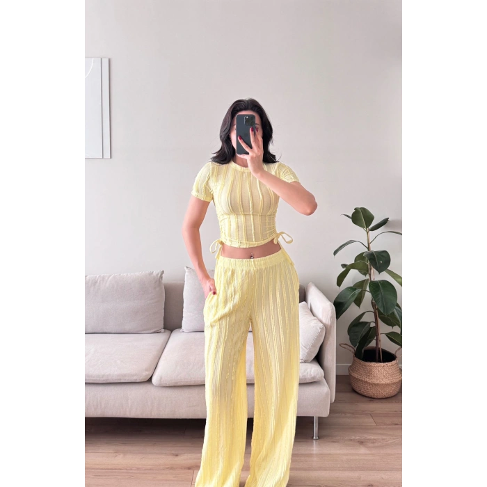Yan Büzgü Pantolon Takım - SARI