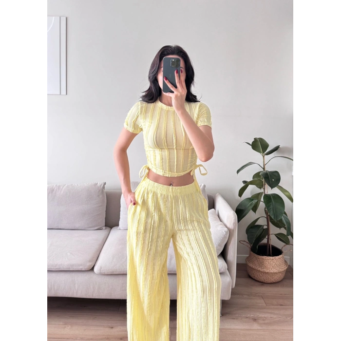 Yan Büzgü Pantolon Takım - SARI