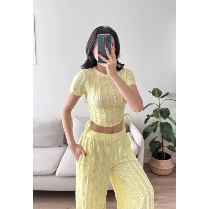 Yan Büzgü Pantolon Takım - SARI