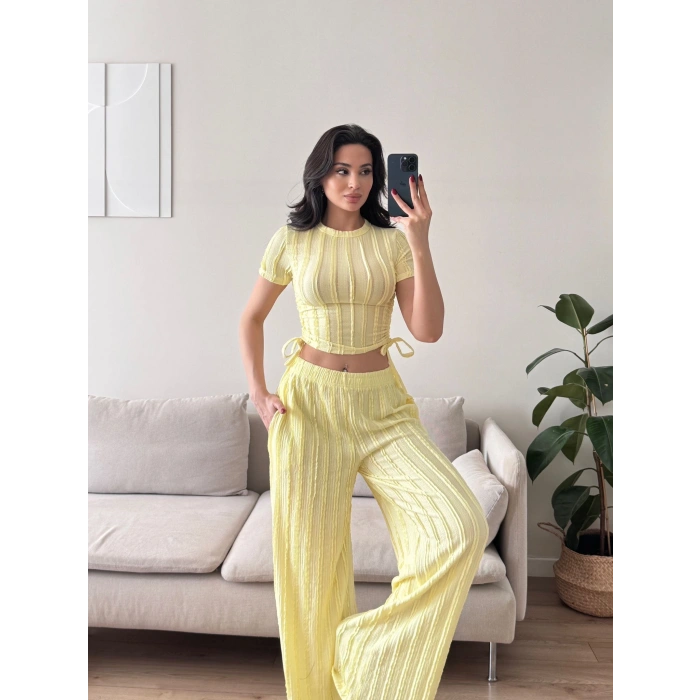 Yan Büzgü Pantolon Takım - SARI