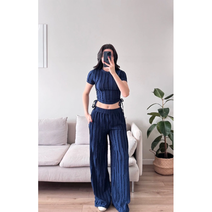 Yan Büzgü Pantolon Takım - LACİVERT