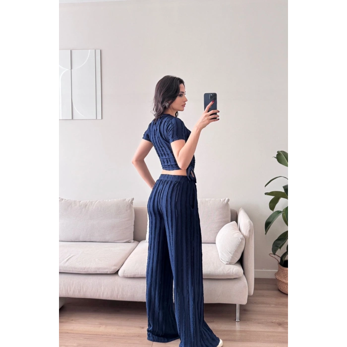 Yan Büzgü Pantolon Takım - LACİVERT