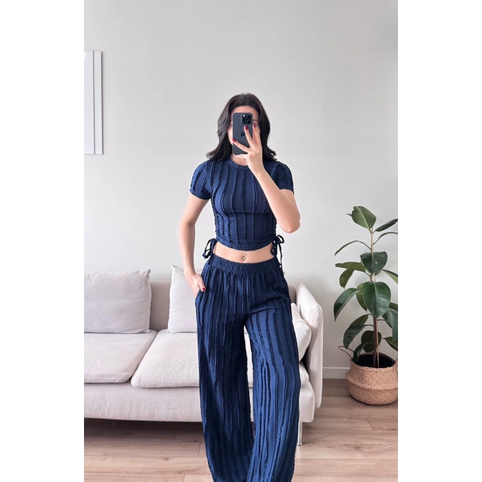 Yan Büzgü Pantolon Takım - LACİVERT