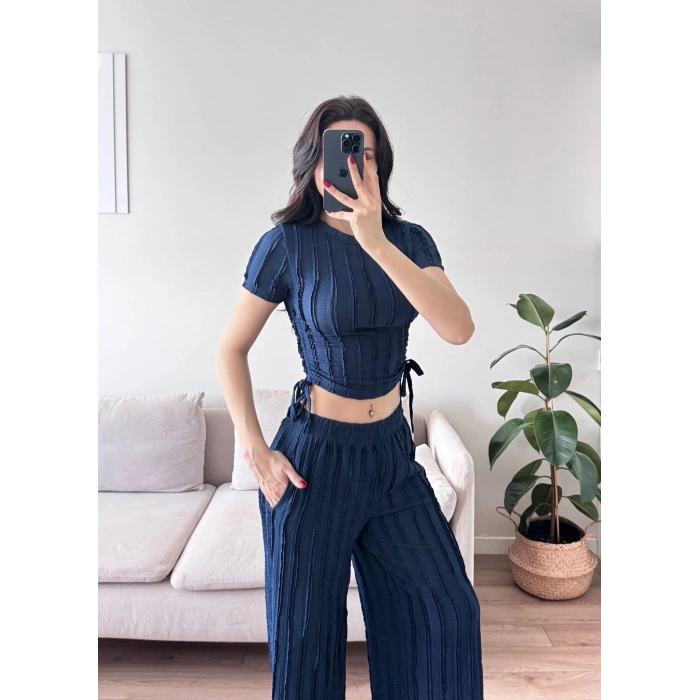 Yan Büzgü Pantolon Takım - LACİVERT