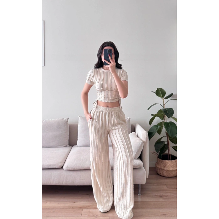 Yan Büzgü Pantolon Takım - BEJ