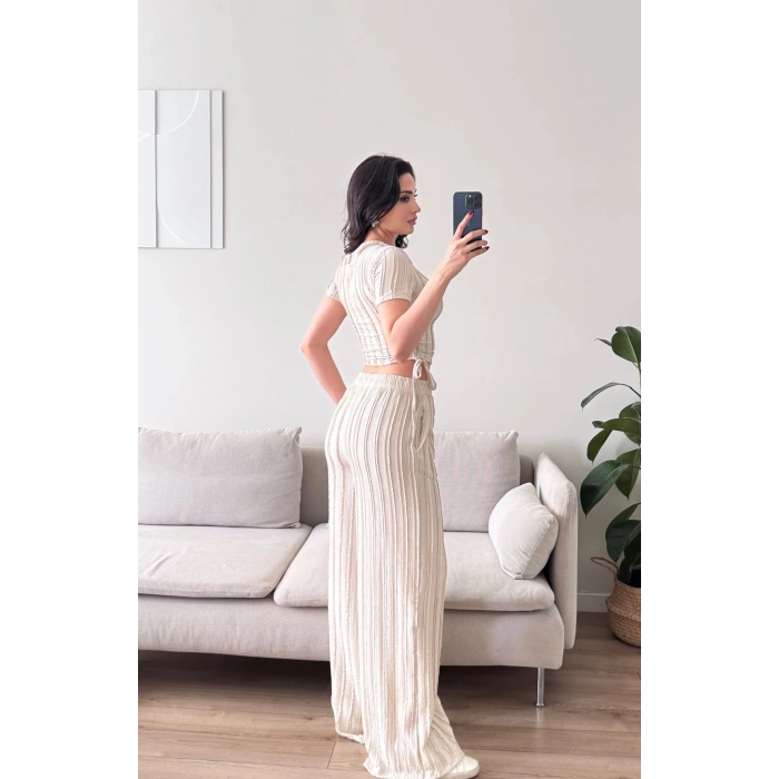 Yan Büzgü Pantolon Takım - BEJ