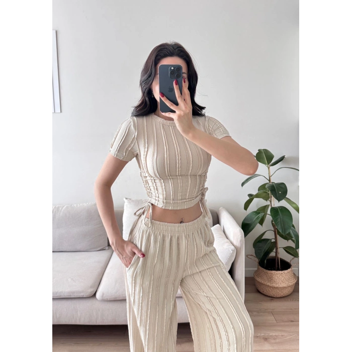 Yan Büzgü Pantolon Takım - BEJ