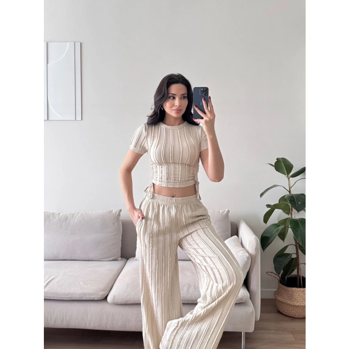 Yan Büzgü Pantolon Takım - BEJ