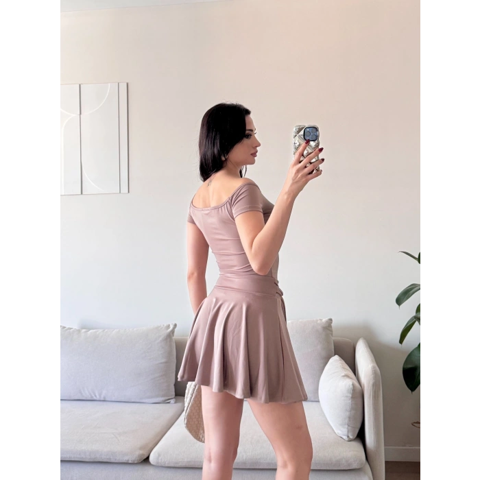 Kayık Yaka Kuşaklı Elbise - VİZON