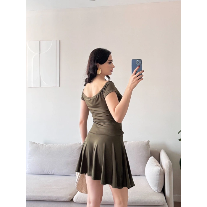 Kayık Yaka Kuşaklı Elbise - HAKİ