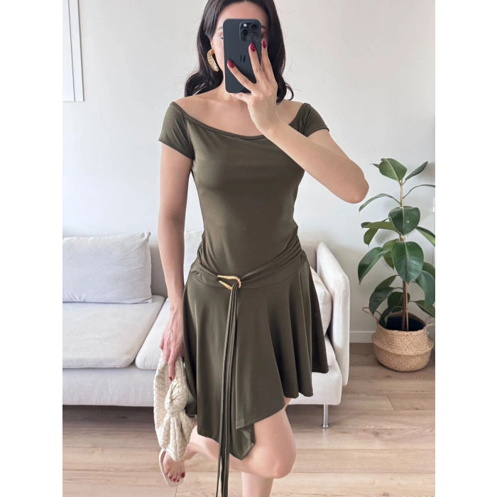 Kayık Yaka Kuşaklı Elbise - HAKİ