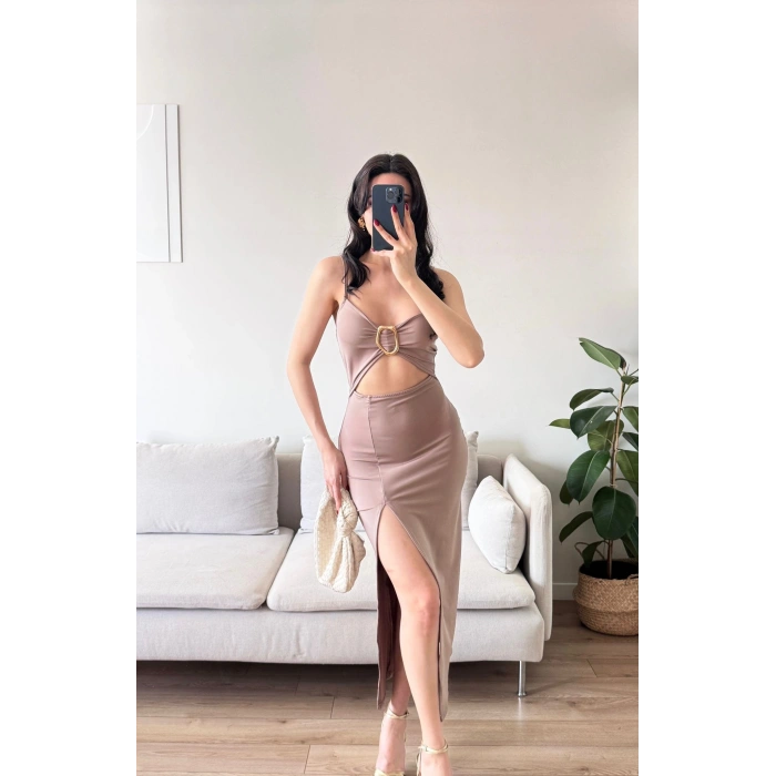 Aksesuarlı Derin Yırtmaç Elbise - VİZON