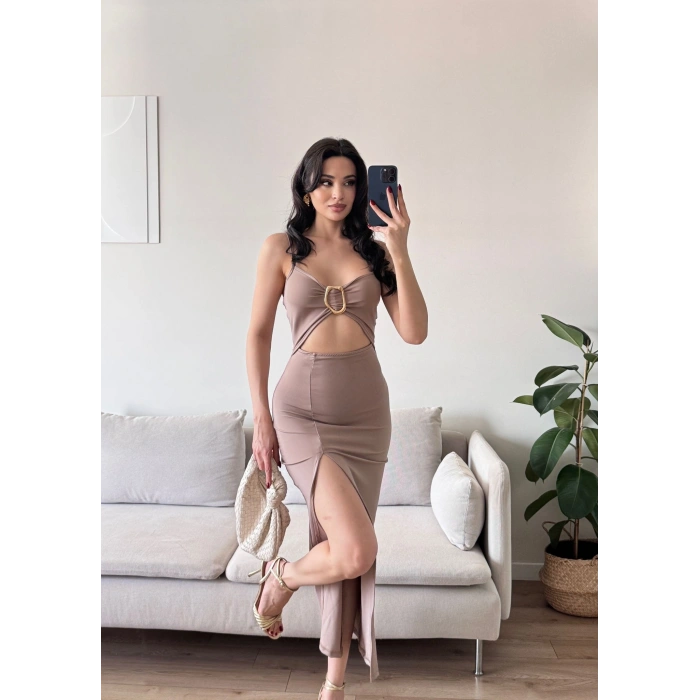 Aksesuarlı Derin Yırtmaç Elbise - VİZON