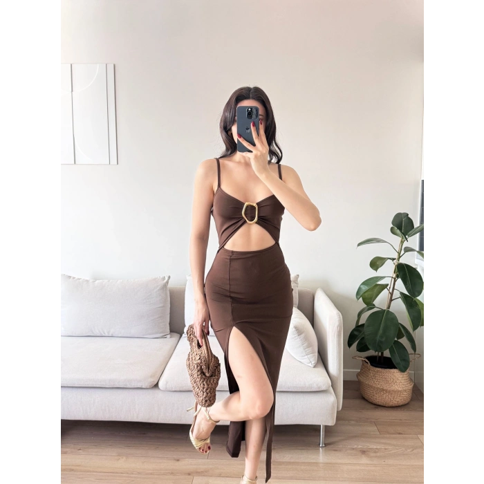 Aksesuarlı Derin Yırtmaç Elbise - KAHVE