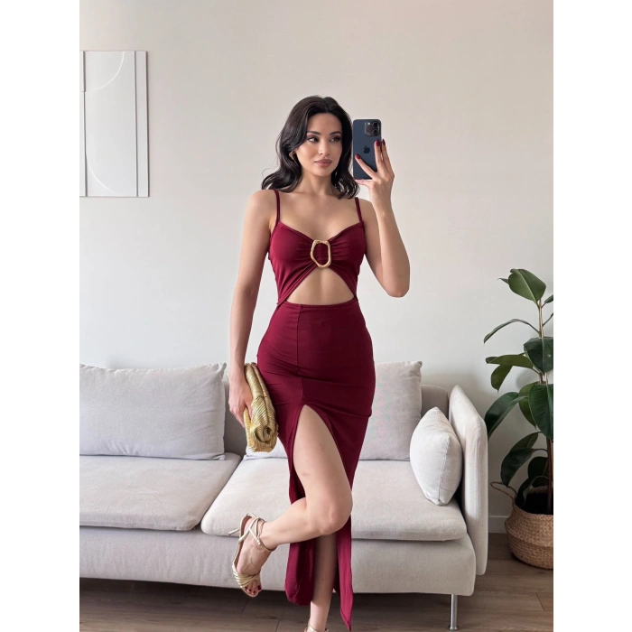Aksesuarlı Derin Yırtmaç Elbise - BORDO