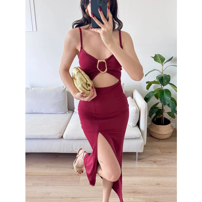 Aksesuarlı Derin Yırtmaç Elbise - BORDO