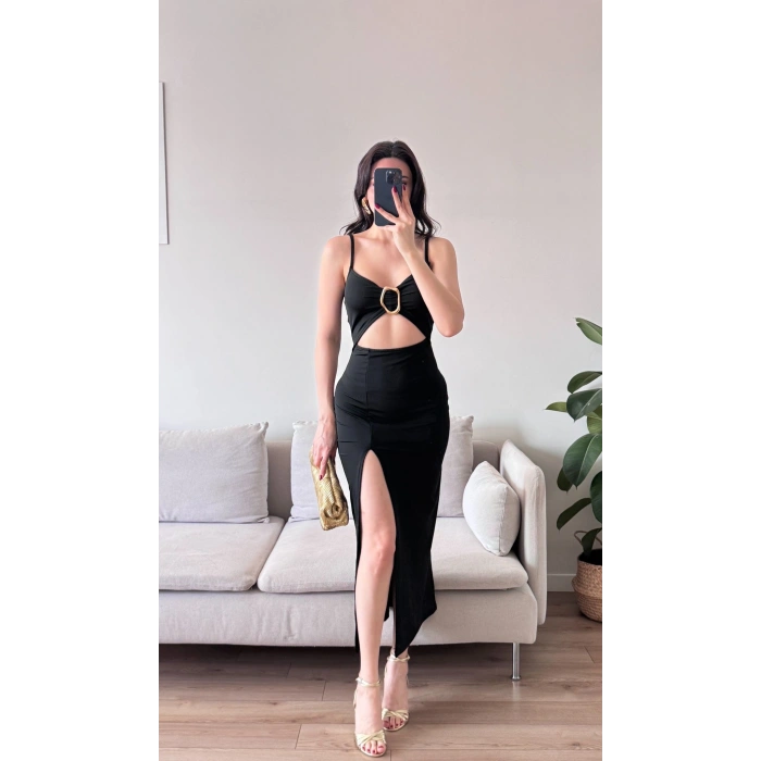 Aksesuarlı Derin Yırtmaç Elbise - SİYAH