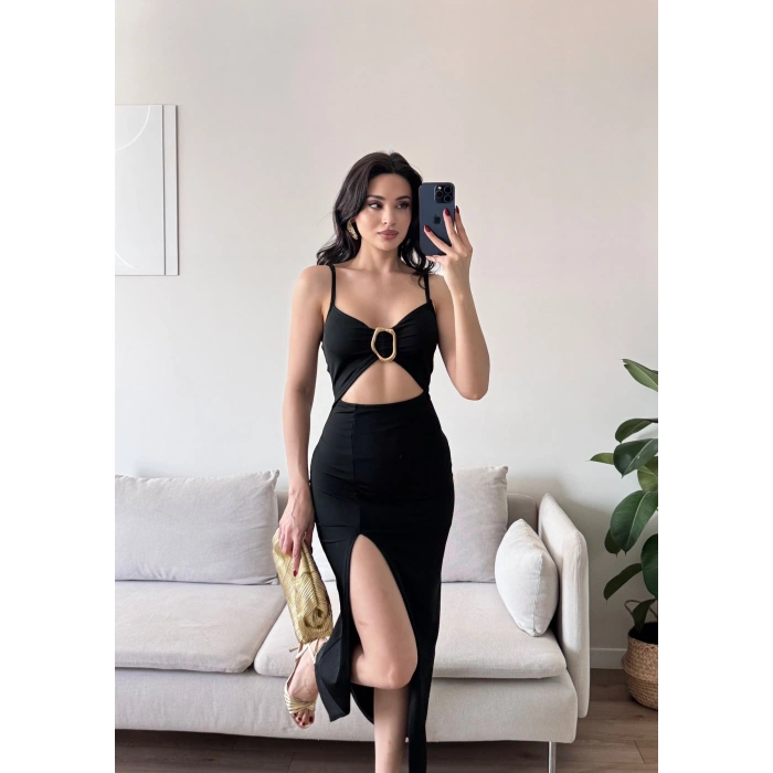 Aksesuarlı Derin Yırtmaç Elbise - SİYAH