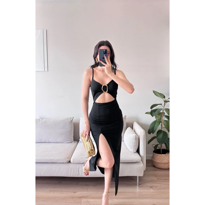 Aksesuarlı Derin Yırtmaç Elbise - SİYAH