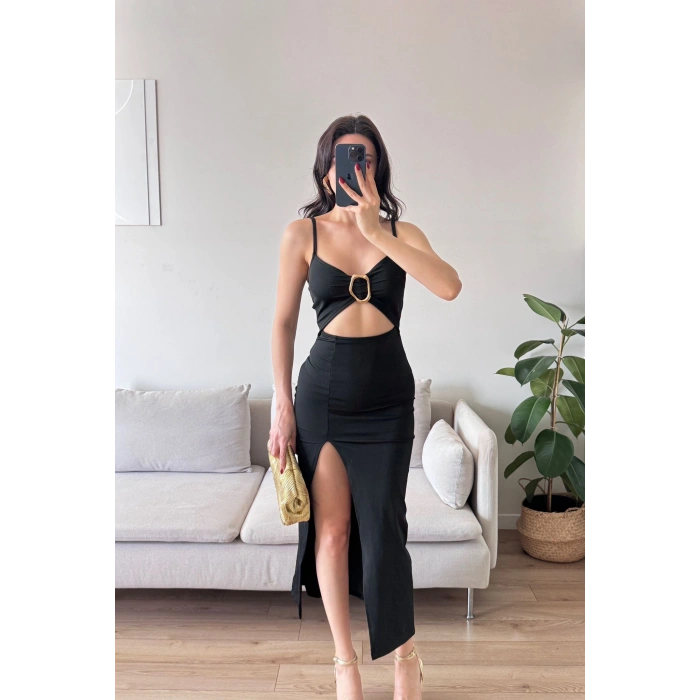 Aksesuarlı Derin Yırtmaç Elbise - SİYAH