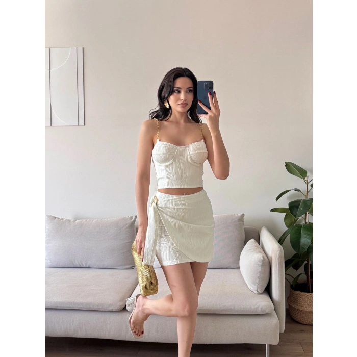 Zincir Crop Etekli Takım - BEYAZ