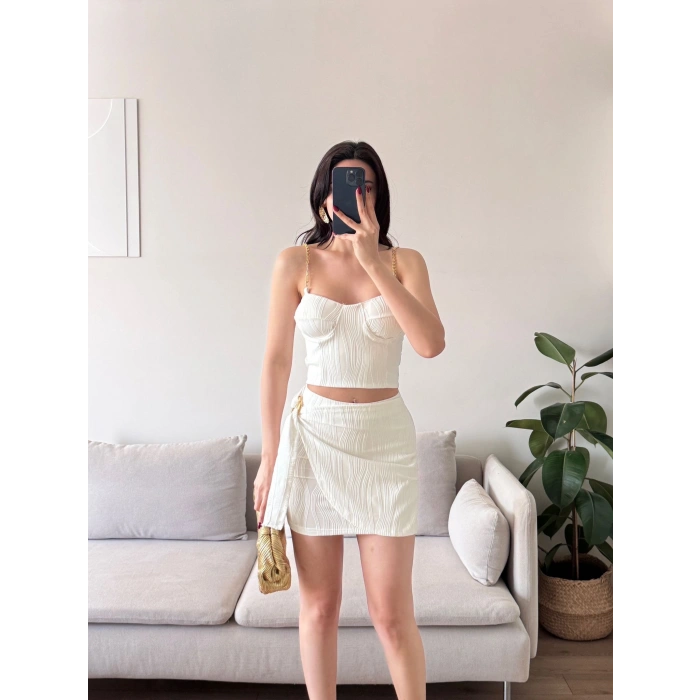 Zincir Crop Etekli Takım - BEYAZ