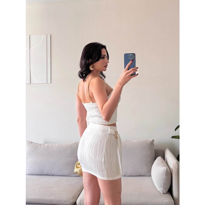 Zincir Crop Etekli Takım - BEYAZ