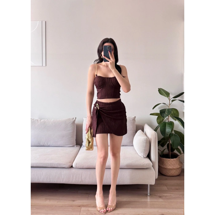 Zincir Crop Etekli Takım - KAHVE