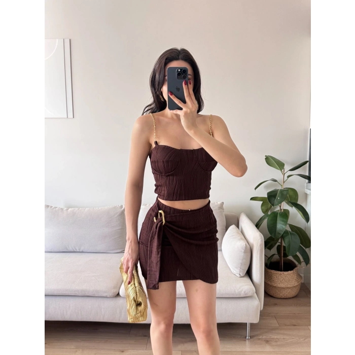 Zincir Crop Etekli Takım - KAHVE
