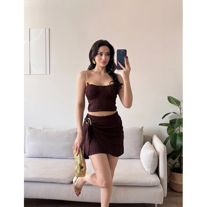 Zincir Crop Etekli Takım - KAHVE