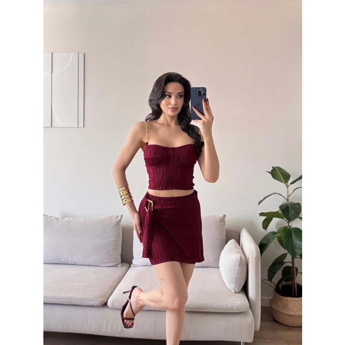 Zincir Crop Etekli Takım - BORDO
