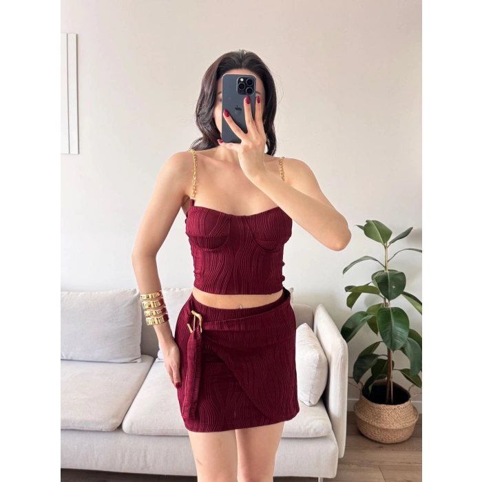Zincir Crop Etekli Takım - BORDO