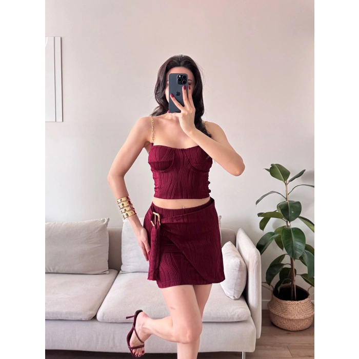 Zincir Crop Etekli Takım - BORDO