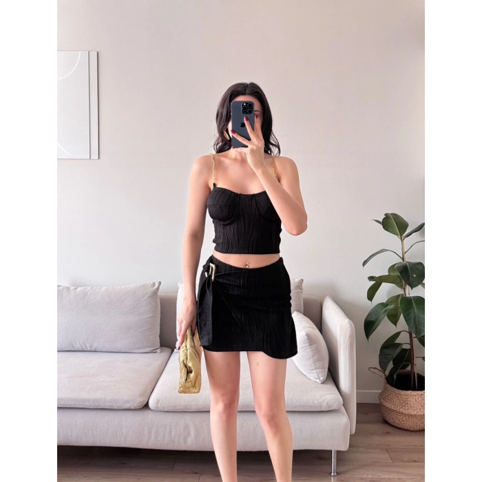 Zincir Crop Etekli Takım - SİYAH