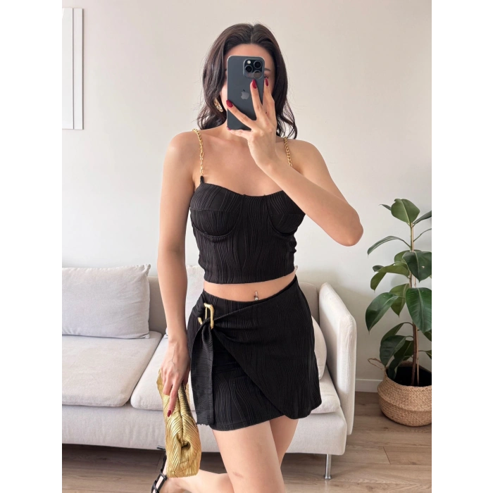 Zincir Crop Etekli Takım - SİYAH