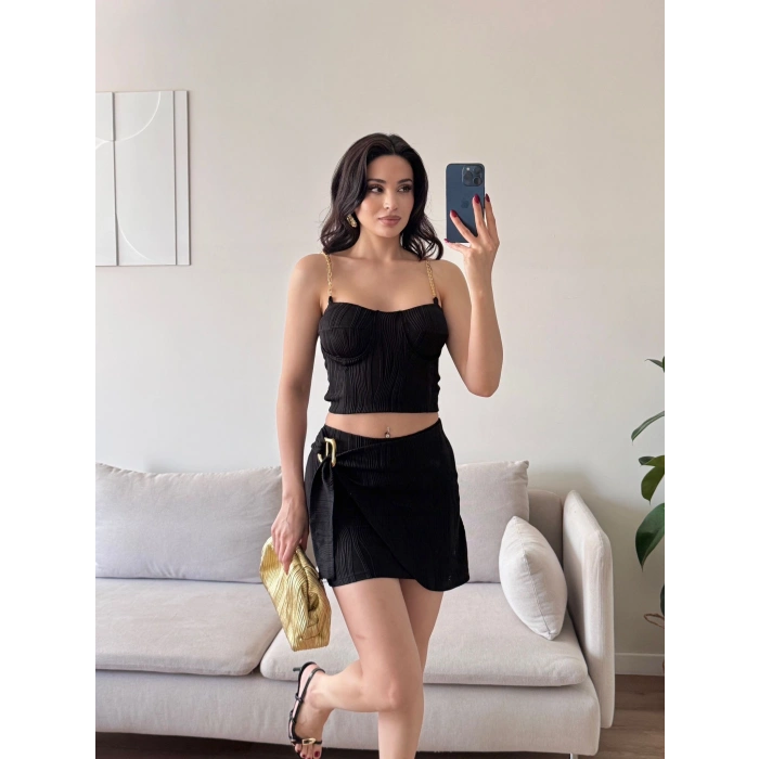 Zincir Crop Etekli Takım - SİYAH