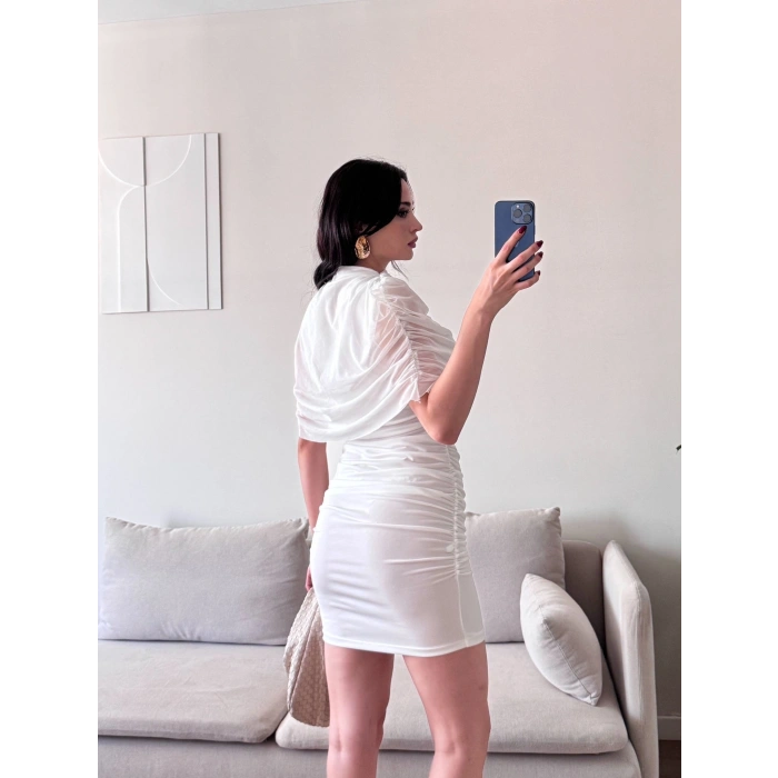 Tül Pelerin Drapeli Elbise - BEYAZ