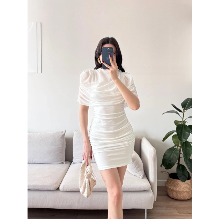 Tül Pelerin Drapeli Elbise - BEYAZ