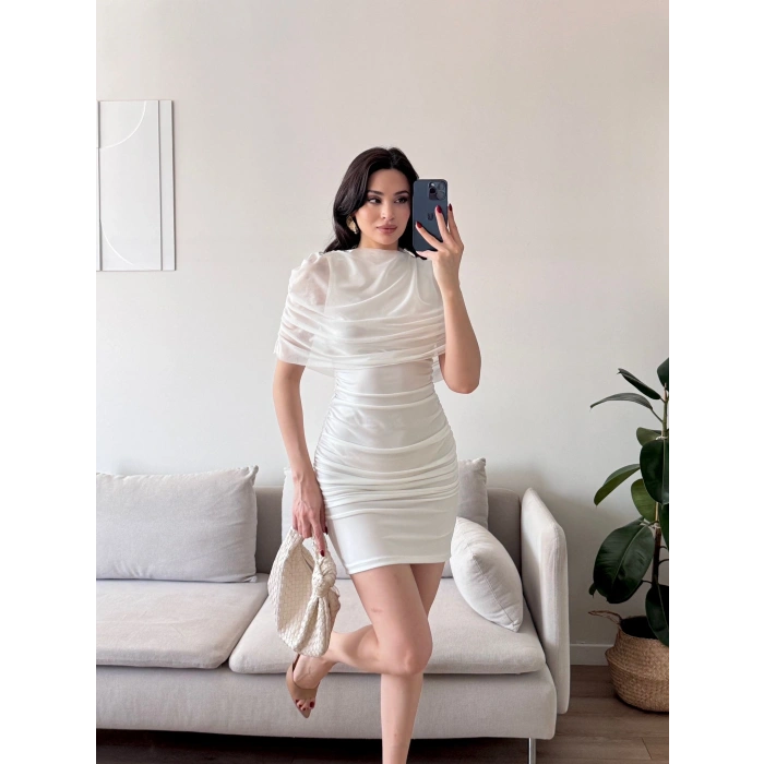 Tül Pelerin Drapeli Elbise - BEYAZ