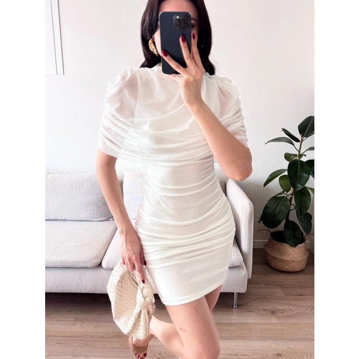 Tül Pelerin Drapeli Elbise - BEYAZ