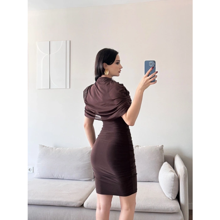 Tül Pelerin Drapeli Elbise - KAHVE