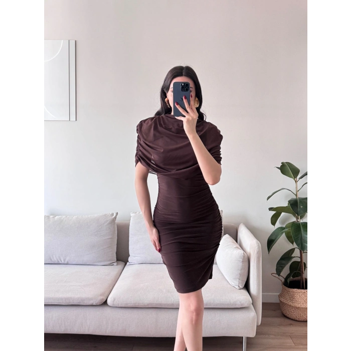 Tül Pelerin Drapeli Elbise - KAHVE