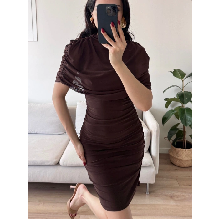 Tül Pelerin Drapeli Elbise - KAHVE