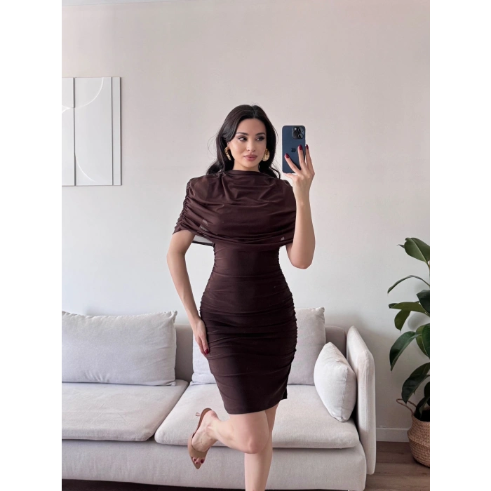 Tül Pelerin Drapeli Elbise - KAHVE