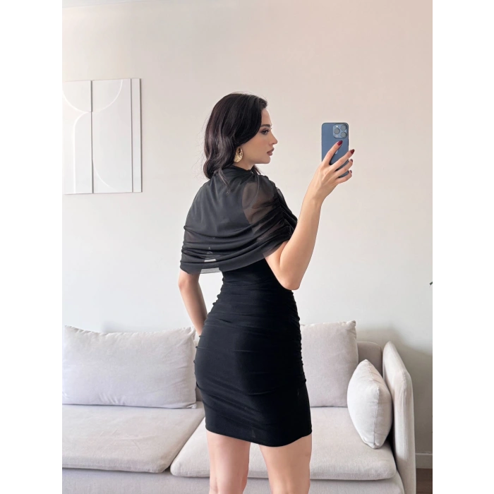 Tül Pelerin Drapeli Elbise - SİYAH