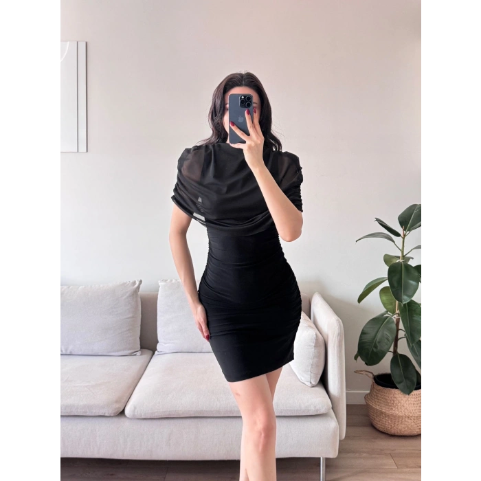 Tül Pelerin Drapeli Elbise - SİYAH