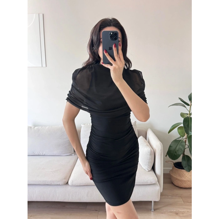 Tül Pelerin Drapeli Elbise - SİYAH