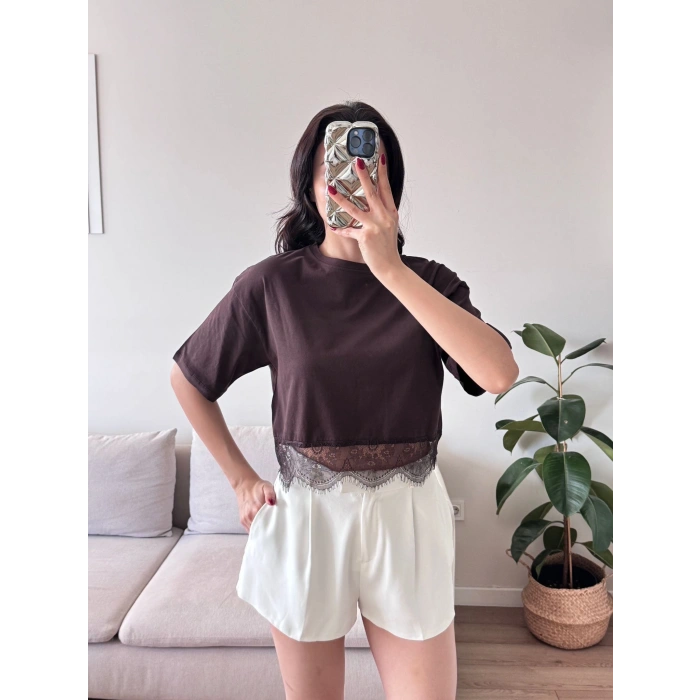 Eteği Dantel Crop T-shirt - KAHVE
