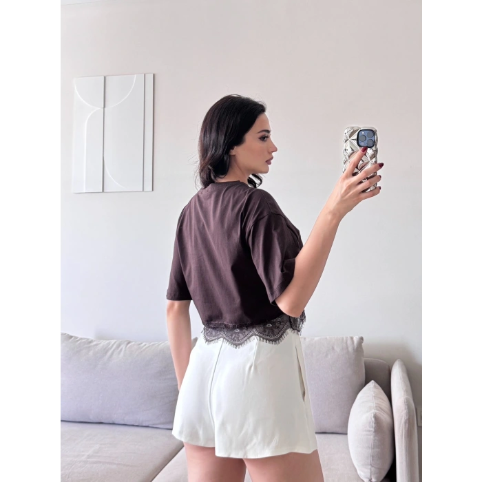 Eteği Dantel Crop T-shirt - KAHVE